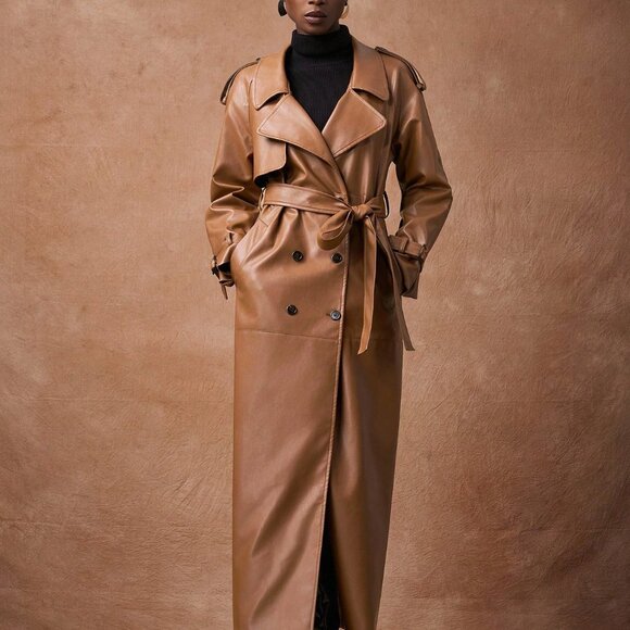 Brown Elegant Women's Long Trench Coat With Pockets - Picture 7 of 8